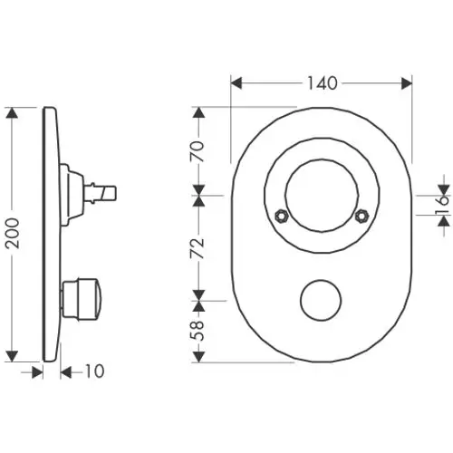 Hansgrohe Umrüstset für Unterputzmischer mit ovaler Form und mehreren Bohrlöchern auf einer flachen Platte, dargestellt in technischem Zeichnungsformat.